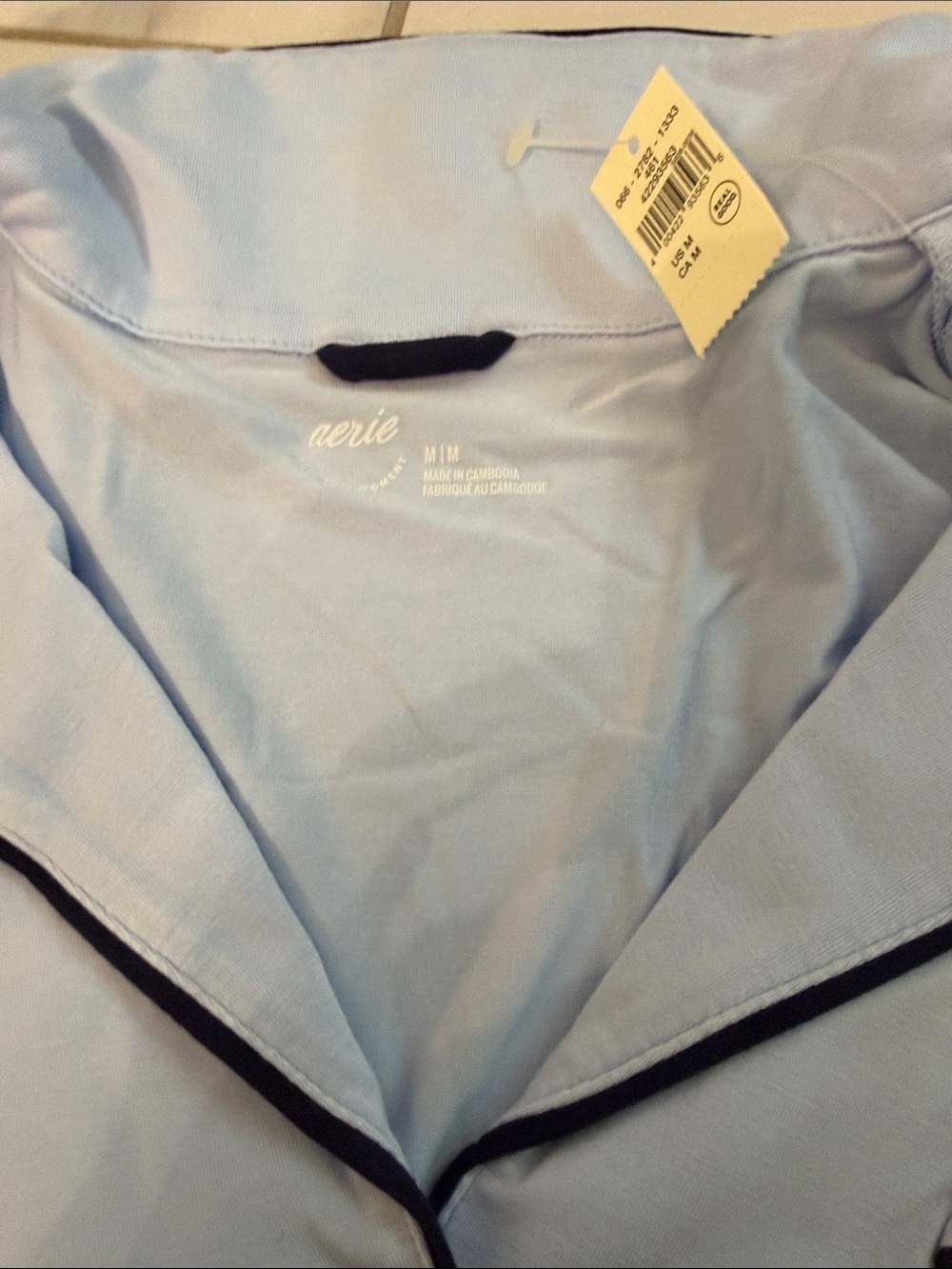 aerie Light Blue Long-Sleeve Button-Front Pajama Top with Black Piping - Picture 2 of 4